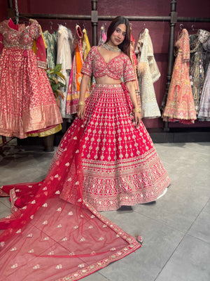 Bright Red Heavy Zari Embroidered Bridal Lehenga with Net Dupatta
