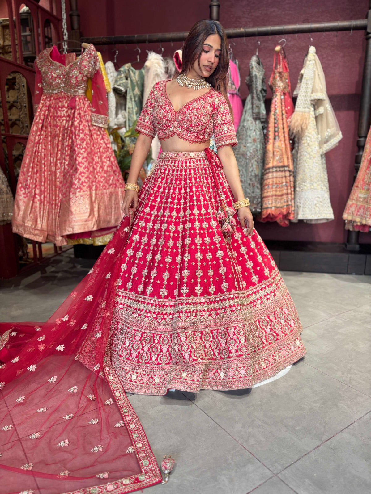 Bright Red Heavy Zari Embroidered Bridal Lehenga with Net Dupatta