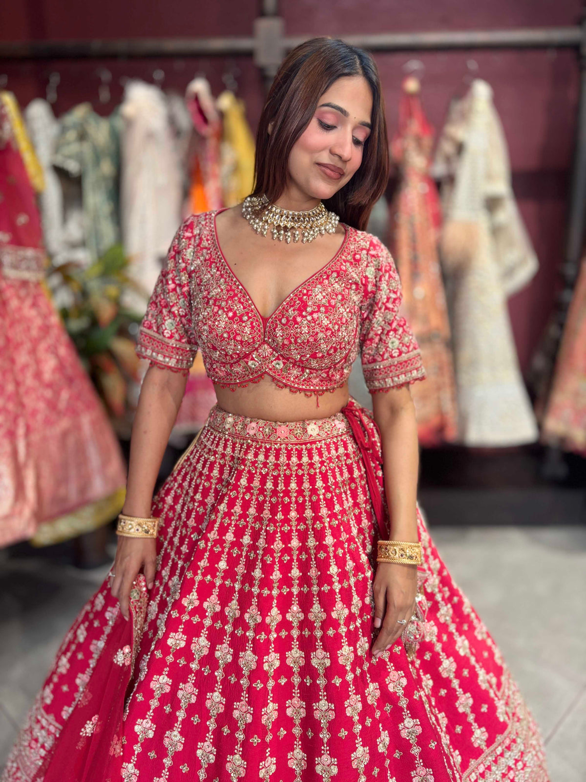 Bright Red Heavy Zari Embroidered Bridal Lehenga with Net Dupatta
