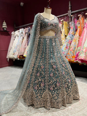 Teal Green Heavy Embroidered Net Lehenga with Designer Blouse