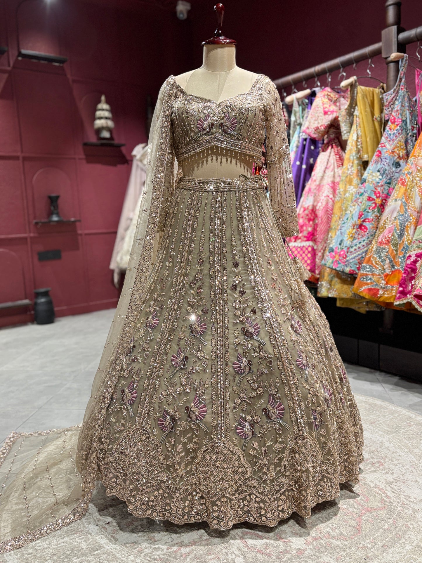 Gold Embroidered Net Lehenga with Full-Sleeve Designer Blouse