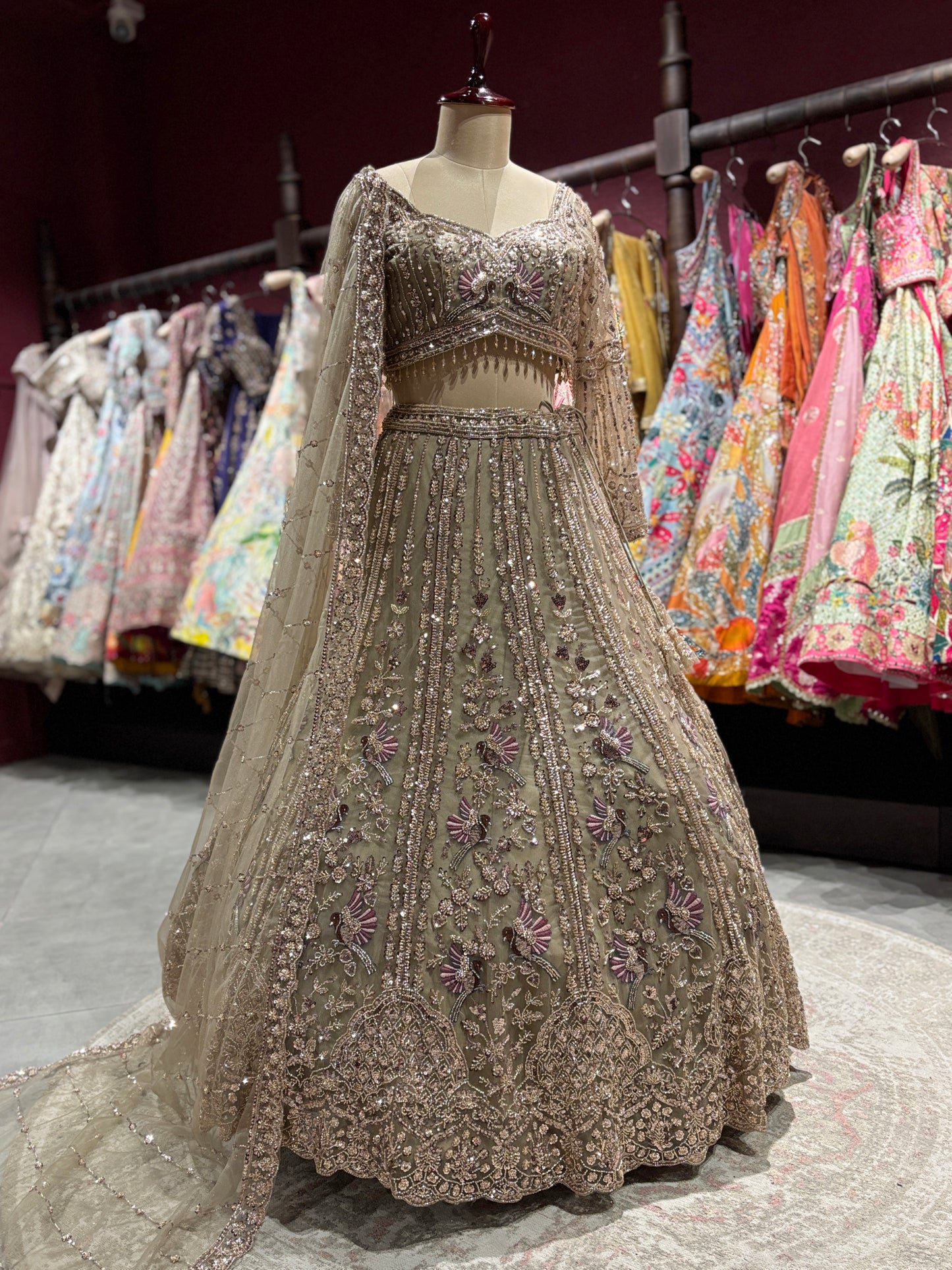 Gold Embroidered Net Lehenga with Full-Sleeve Designer Blouse