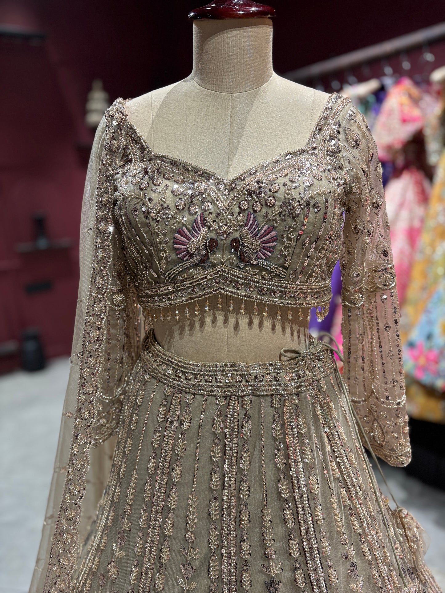 Gold Embroidered Net Lehenga with Full-Sleeve Designer Blouse