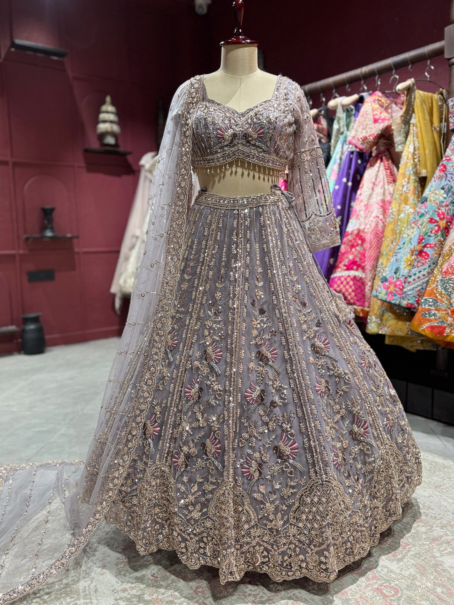 Lavender Embroidered Net Lehenga with Full-Sleeve Blouse