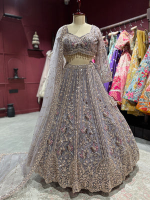Lavender Embroidered Net Lehenga with Full-Sleeve Blouse