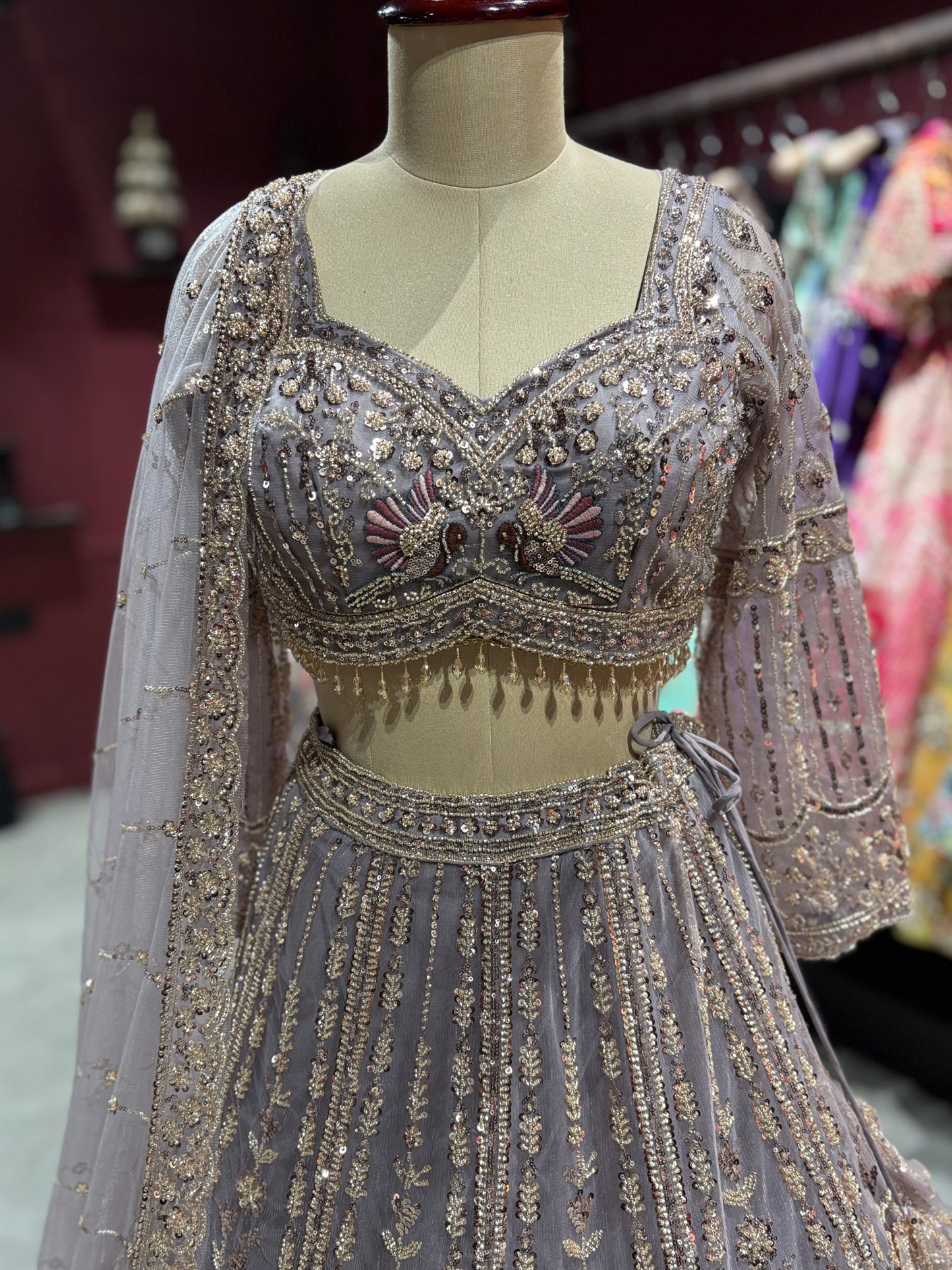 Lavender Embroidered Net Lehenga with Full-Sleeve Blouse
