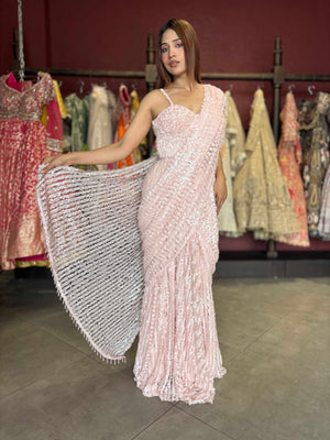 Blush Pink Sequin Designer Saree with Embellished Blouse