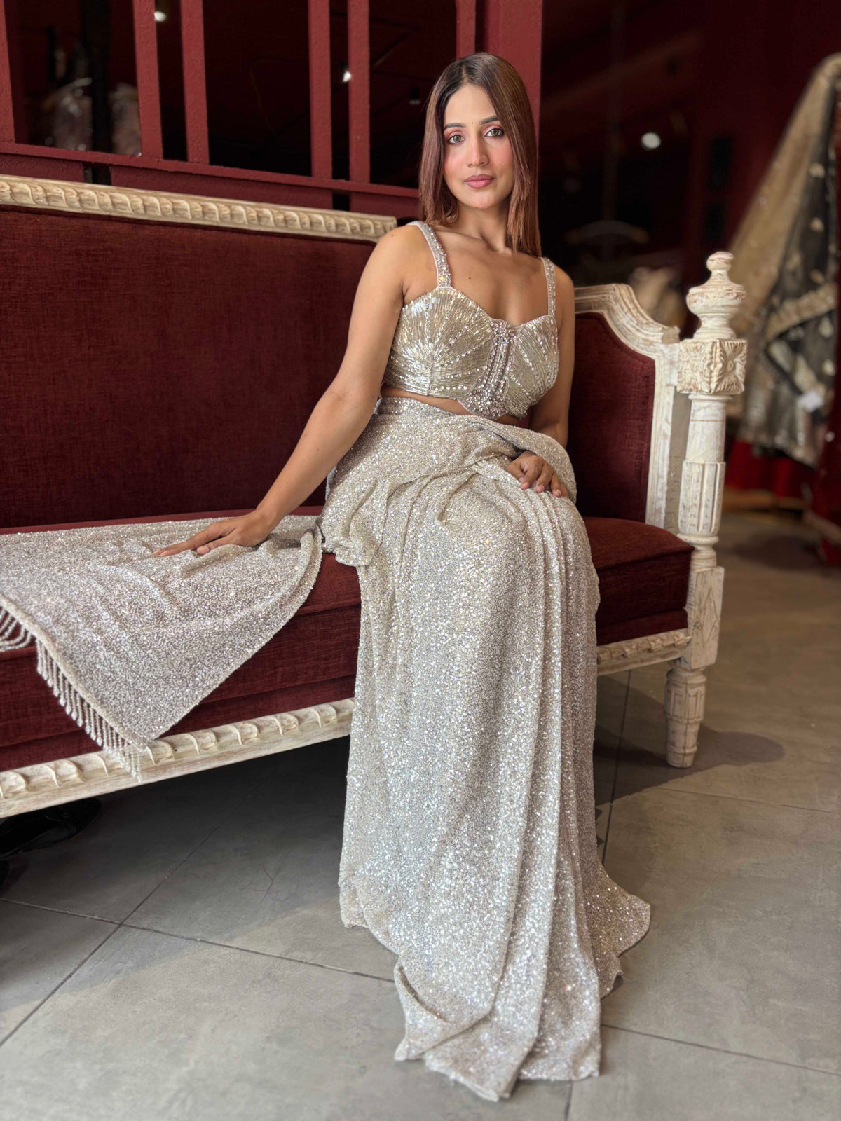 Silver Sequin Draped Saree with Embellished Bustier Blouse