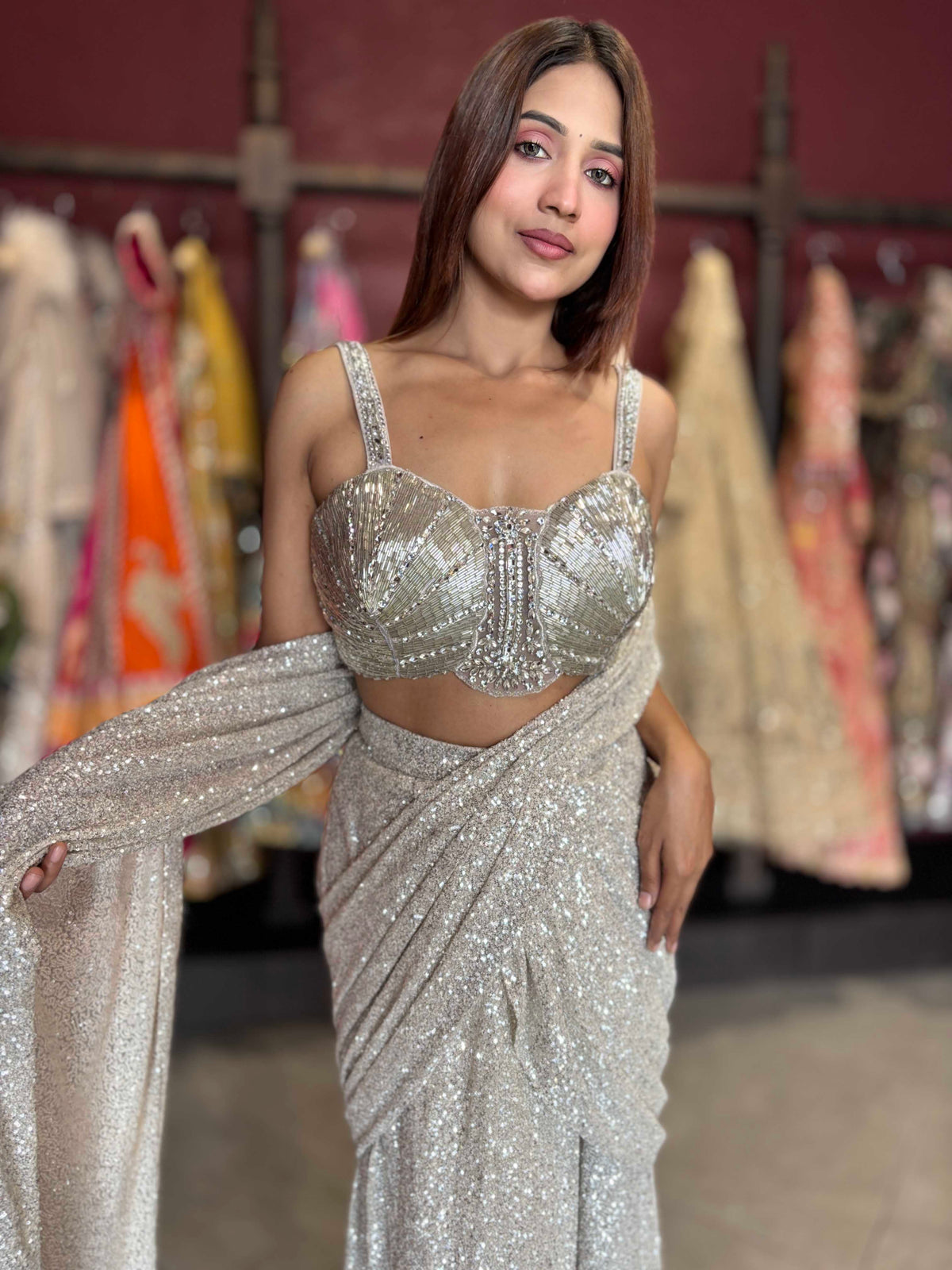 Silver Sequin Draped Saree with Embellished Bustier Blouse