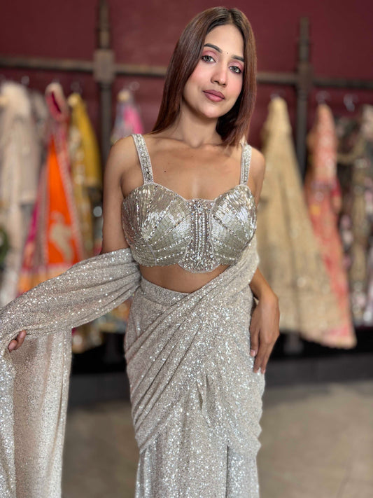 Silver Sequin Draped Saree with Embellished Bustier Blouse