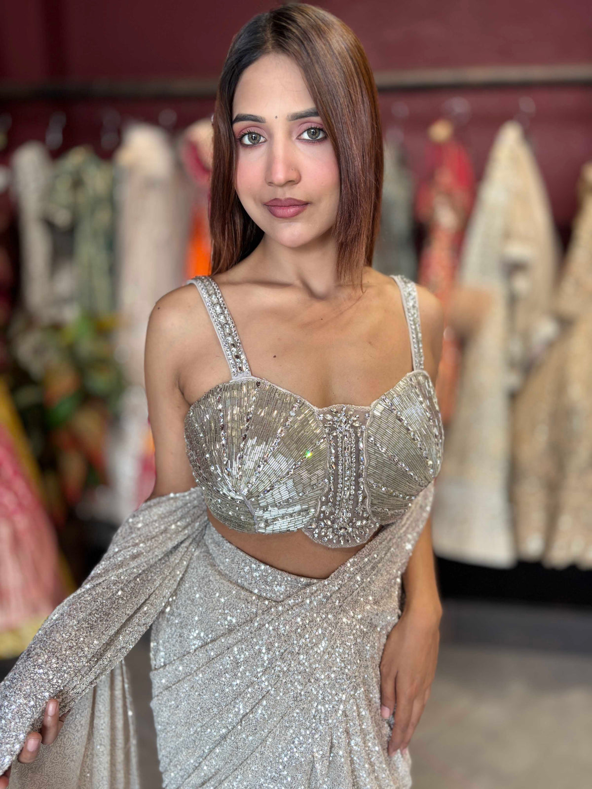 Silver Sequin Draped Saree with Embellished Bustier Blouse