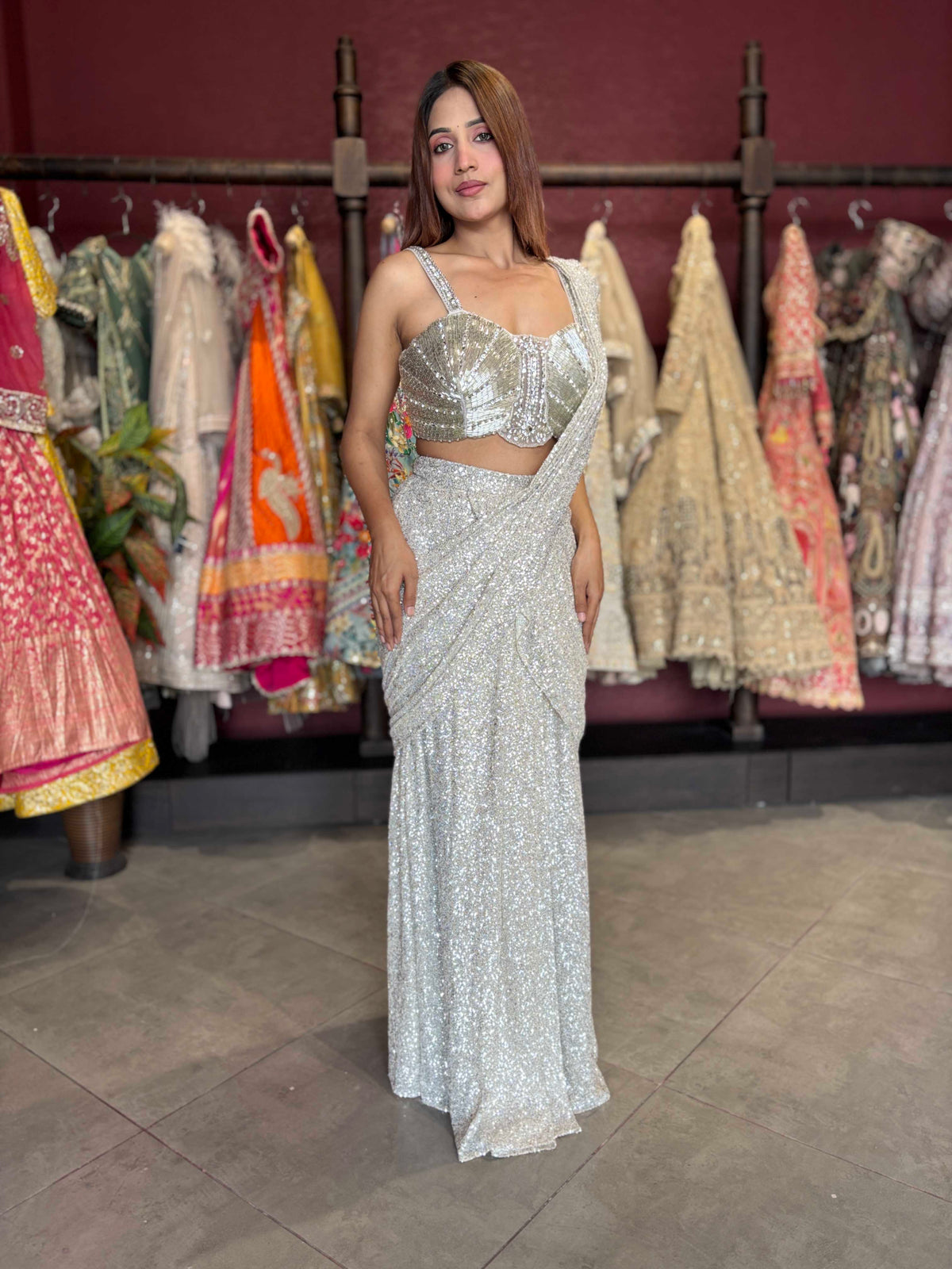 Silver Sequin Draped Saree with Embellished Bustier Blouse