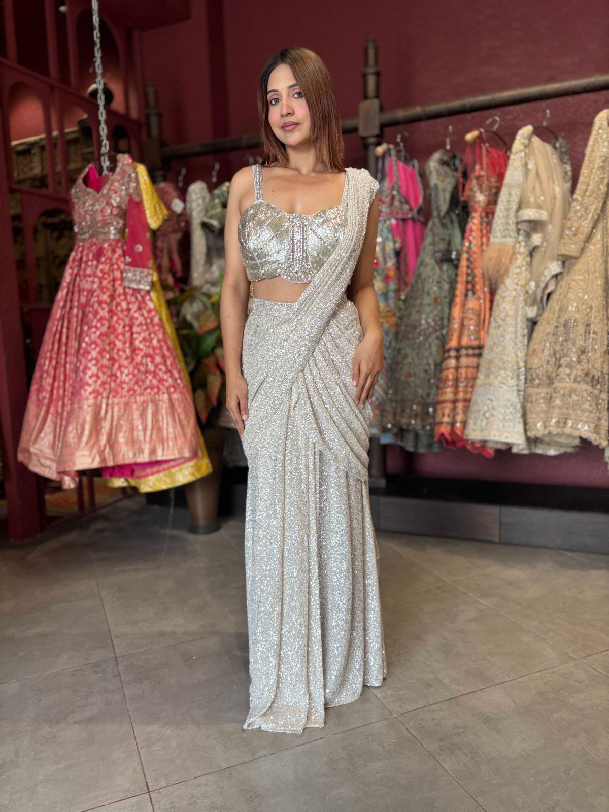 Silver Sequin Draped Saree with Embellished Bustier Blouse