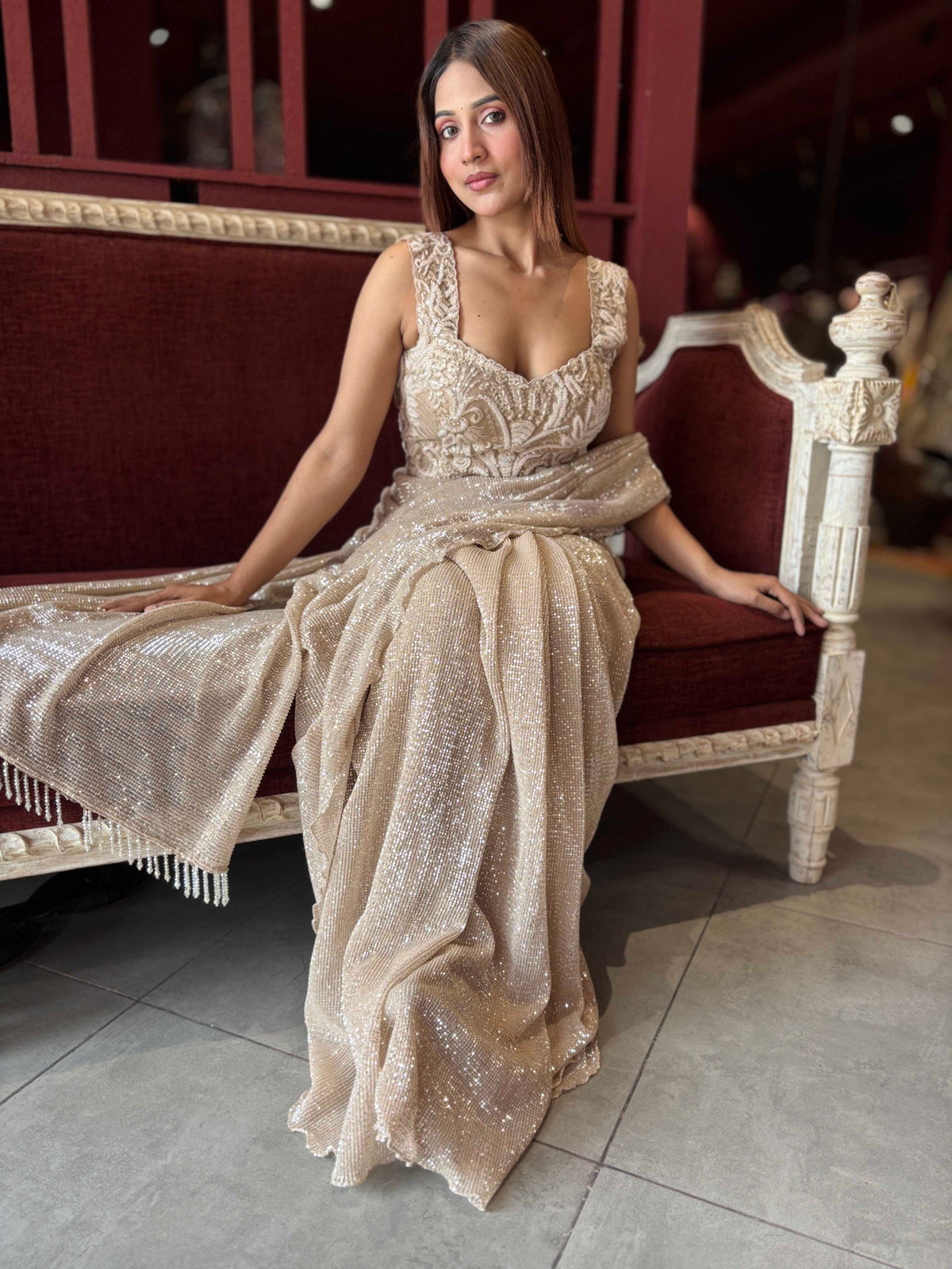 Gold Designer Sequin Drape Saree with Heavy Embroidered Blouse