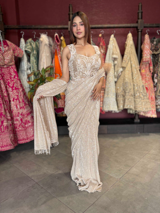 Gold Designer Sequin Drape Saree with Heavy Embroidered Blouse