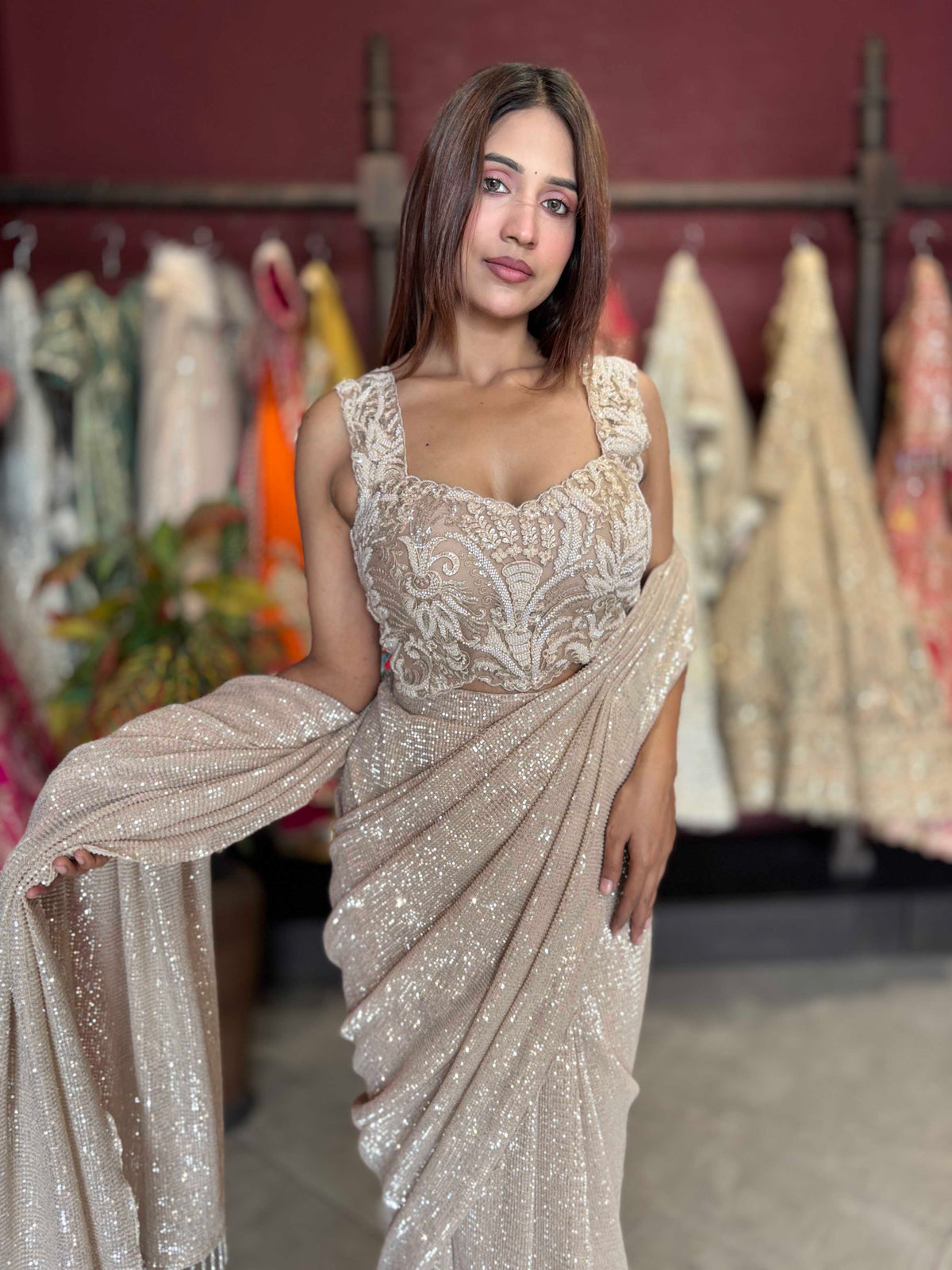 Gold Designer Sequin Drape Saree with Heavy Embroidered Blouse