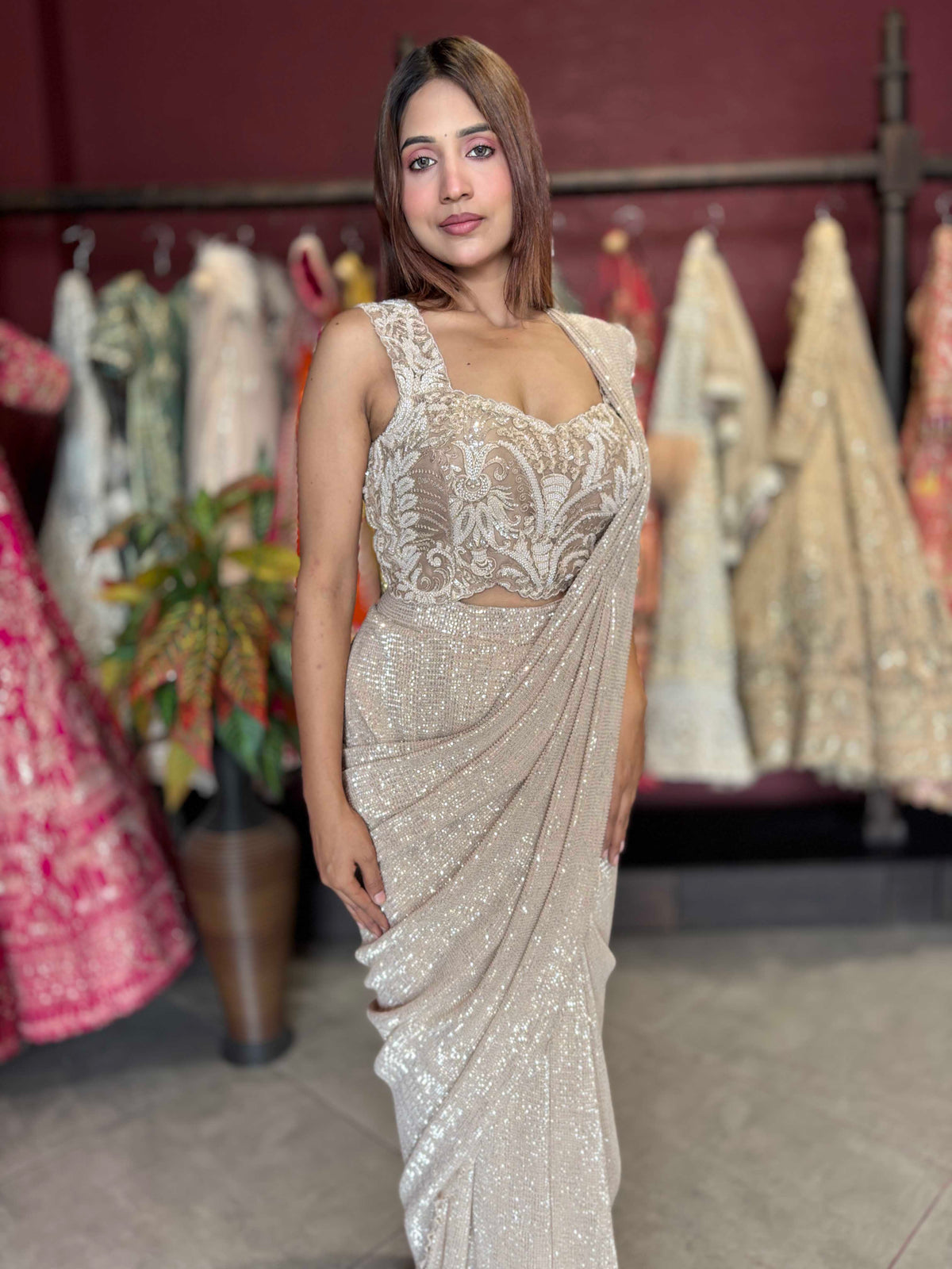 Gold Designer Sequin Drape Saree with Heavy Embroidered Blouse