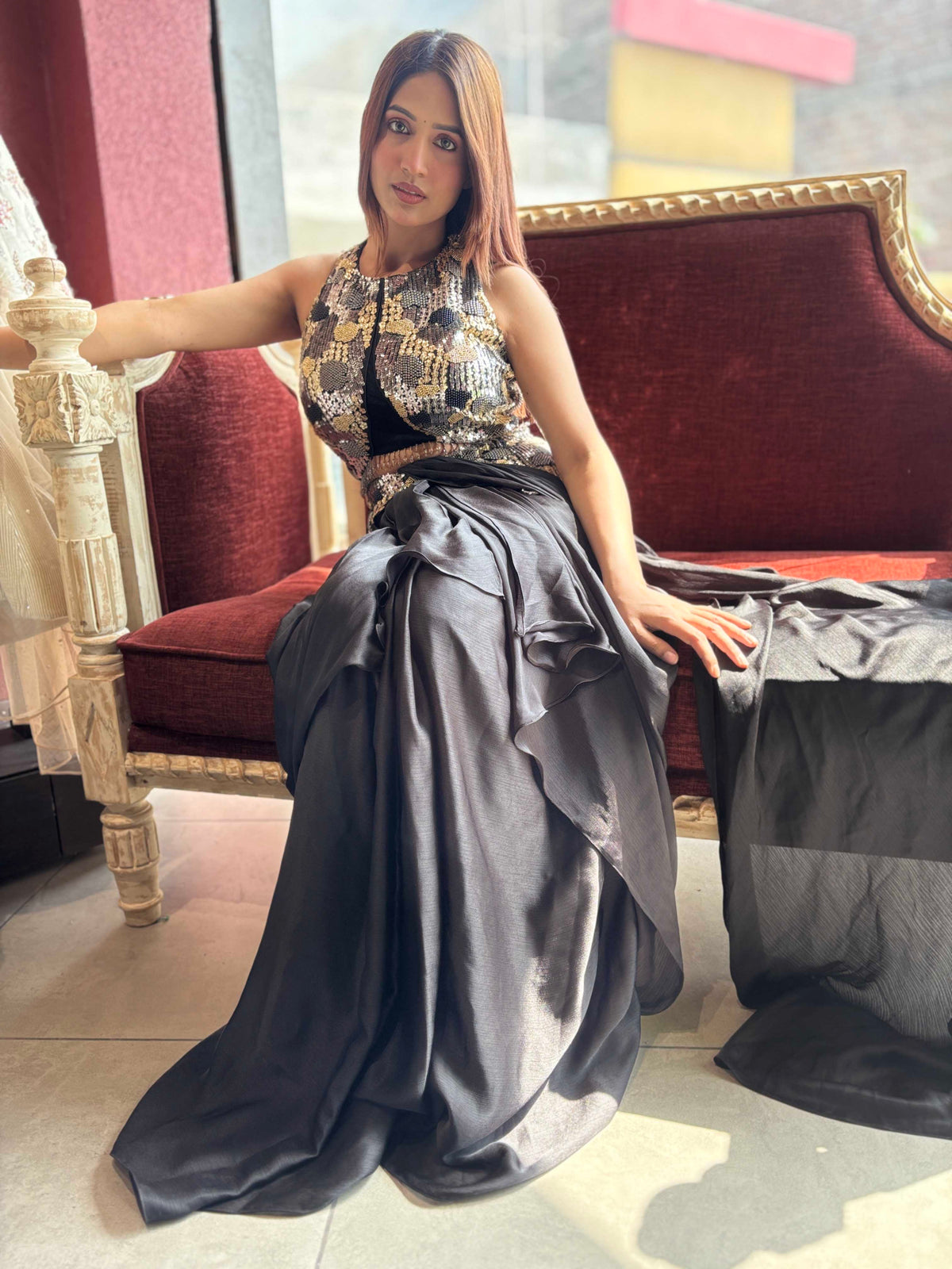 Black & Gold Sequin Embellished Indo-Western Draped Set