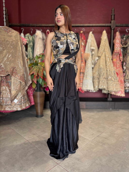 Black & Gold Sequin Embellished Indo-Western Draped Set