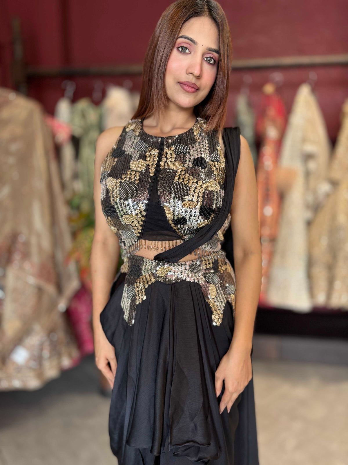 Black & Gold Sequin Embellished Indo-Western Draped Set