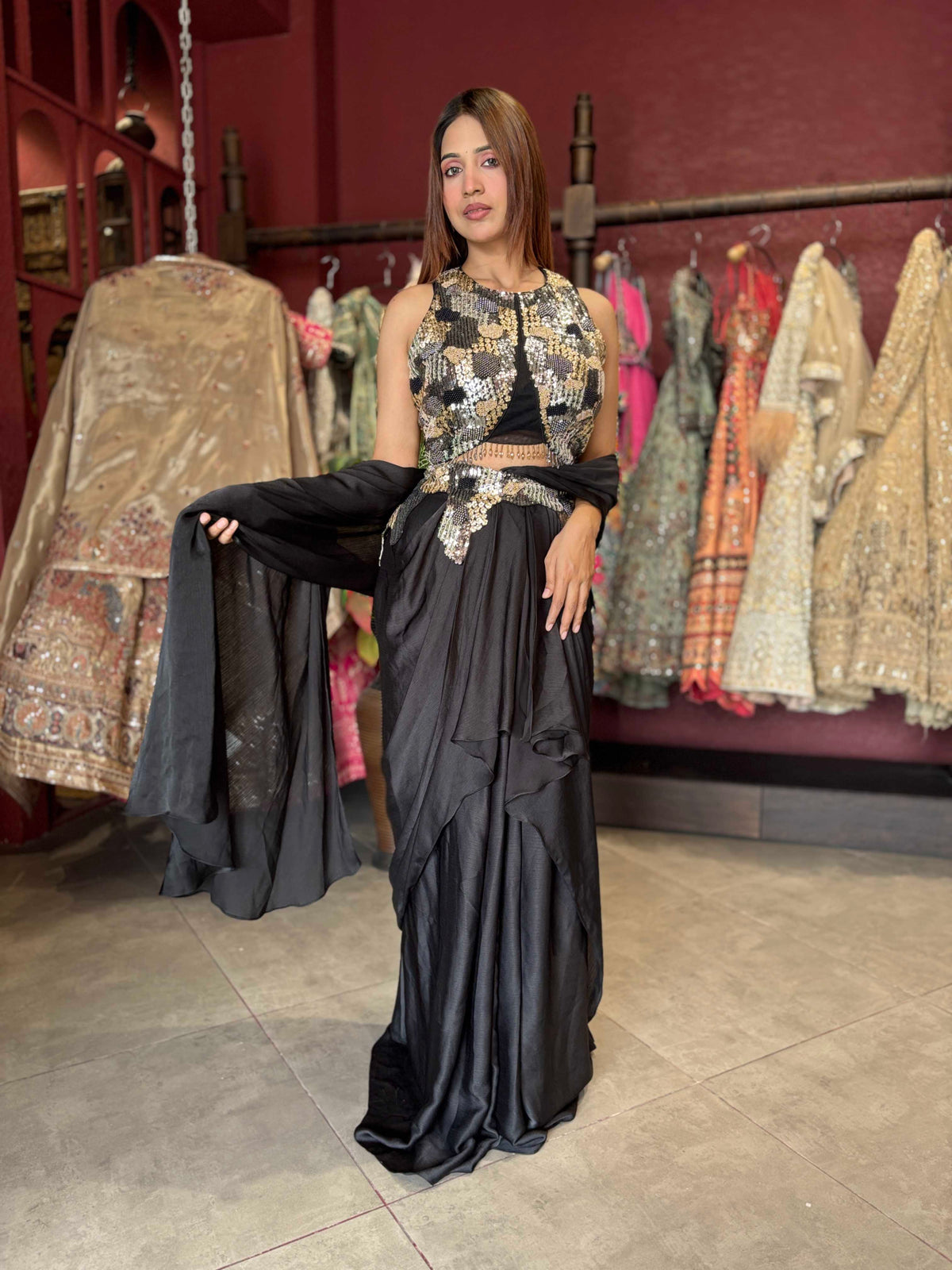 Black & Gold Sequin Embellished Indo-Western Draped Set