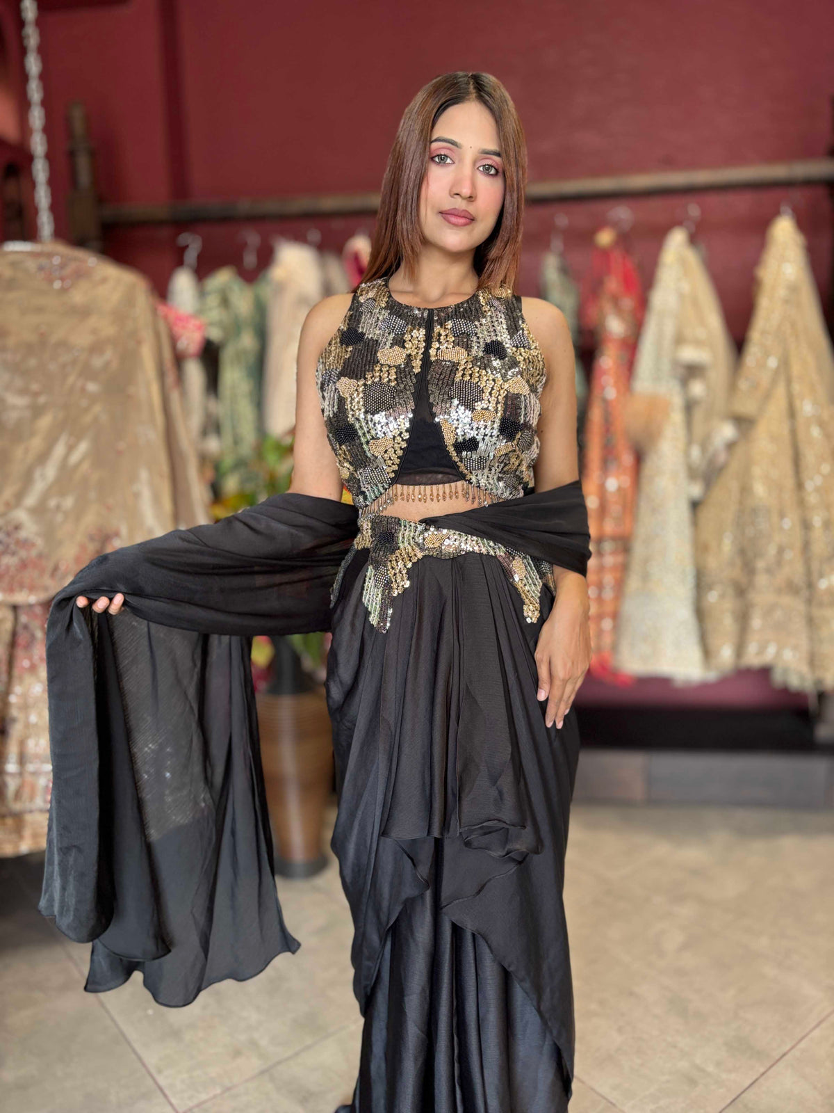 Black & Gold Sequin Embellished Indo-Western Draped Set