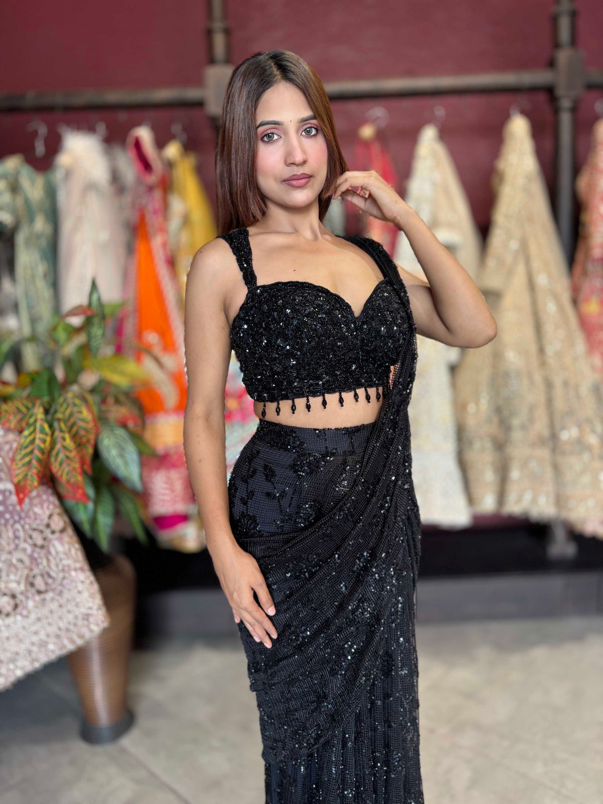 Black Sequin Draped Saree with Embellished Designer Blouse