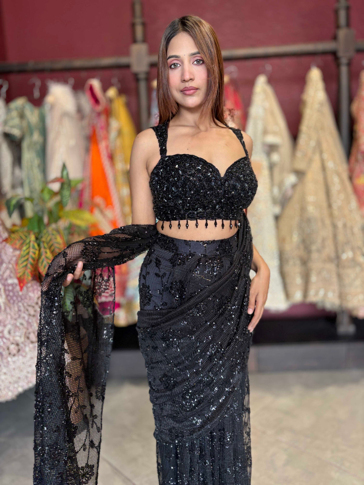 Black Sequin Draped Saree with Embellished Designer Blouse