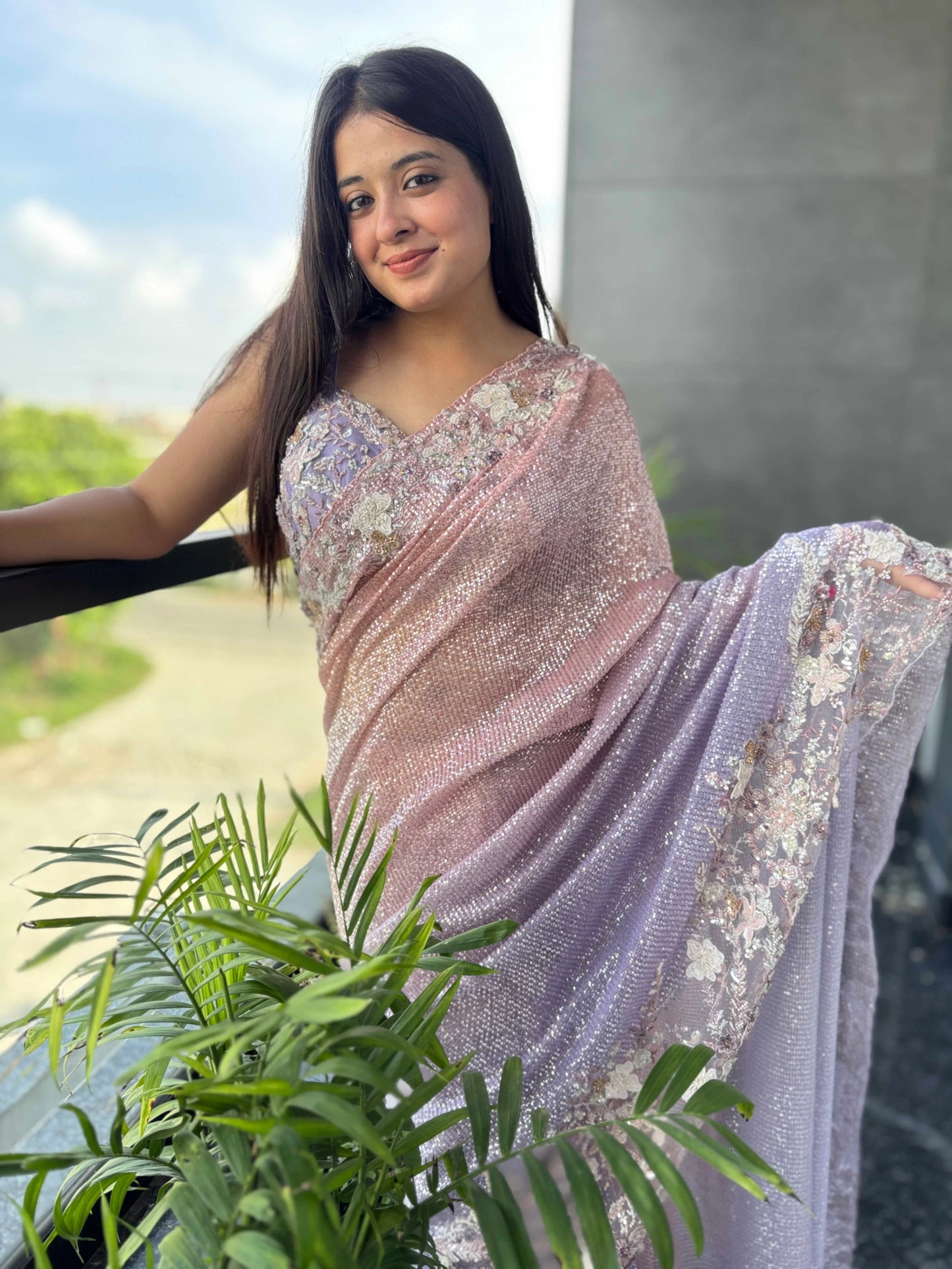 Blush-lavender Ombre Saree With Sequin-embroidered Florals