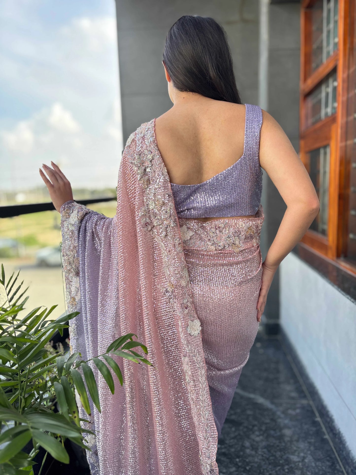 Blush-lavender Ombre Saree With Sequin-embroidered Florals