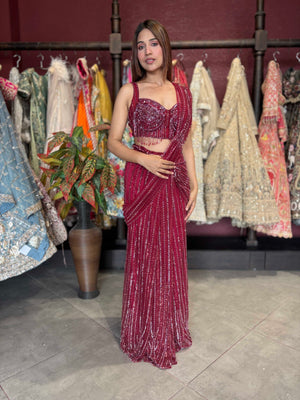 Wine Sequin Draped Saree with Embellished Corset Blouse