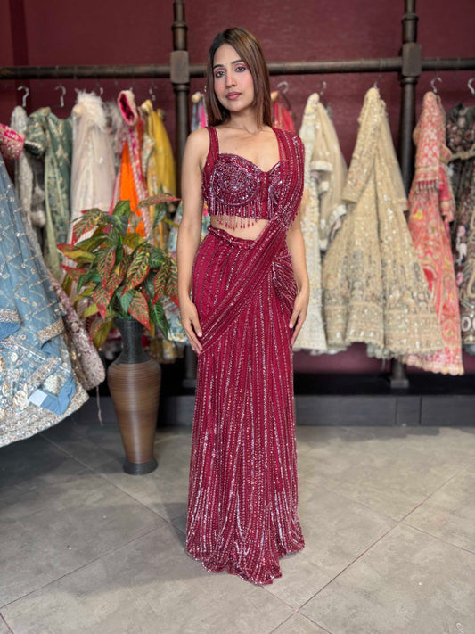 Wine Sequin Draped Saree with Embellished Corset Blouse