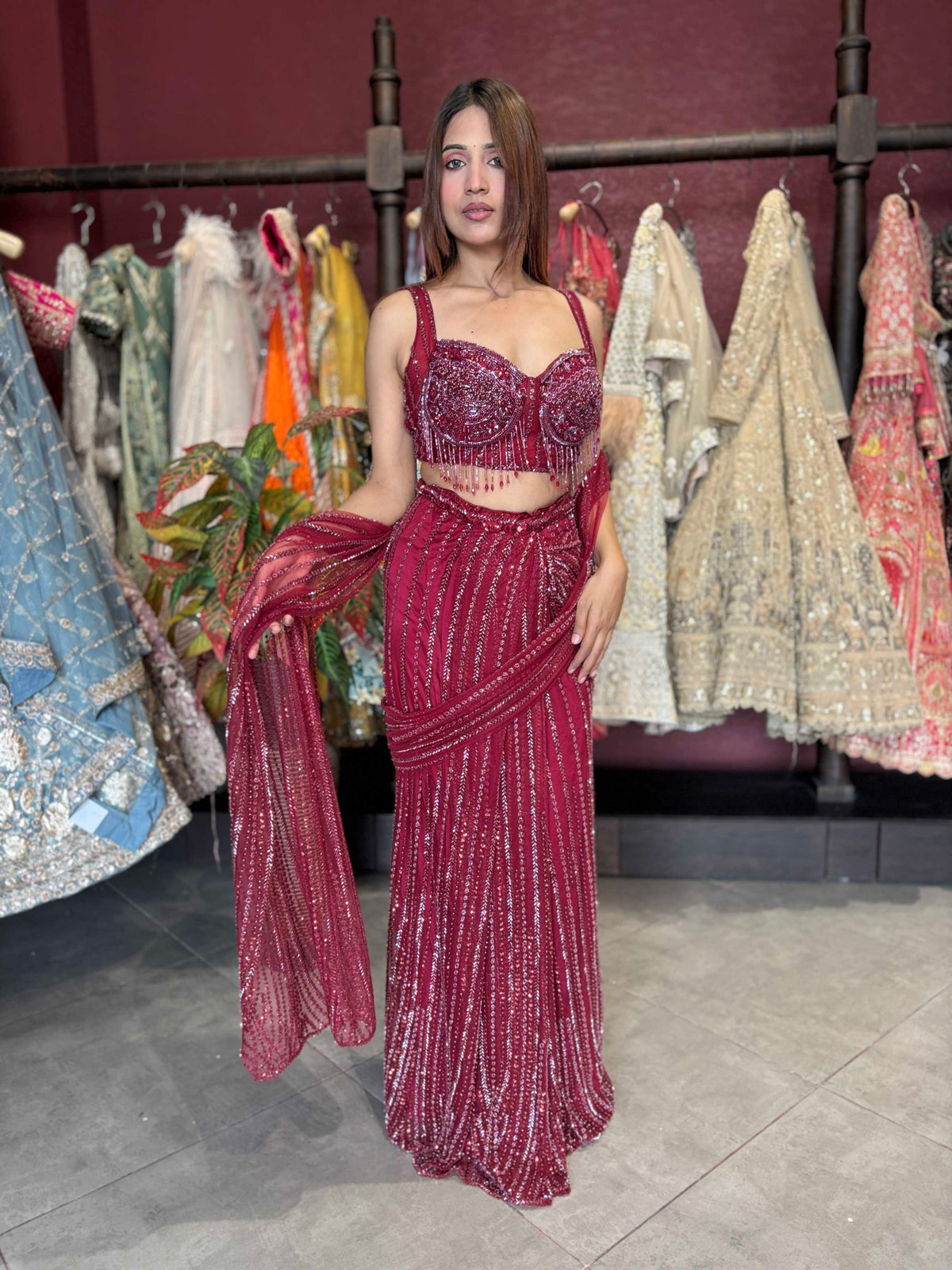 Wine Sequin Draped Saree with Embellished Corset Blouse
