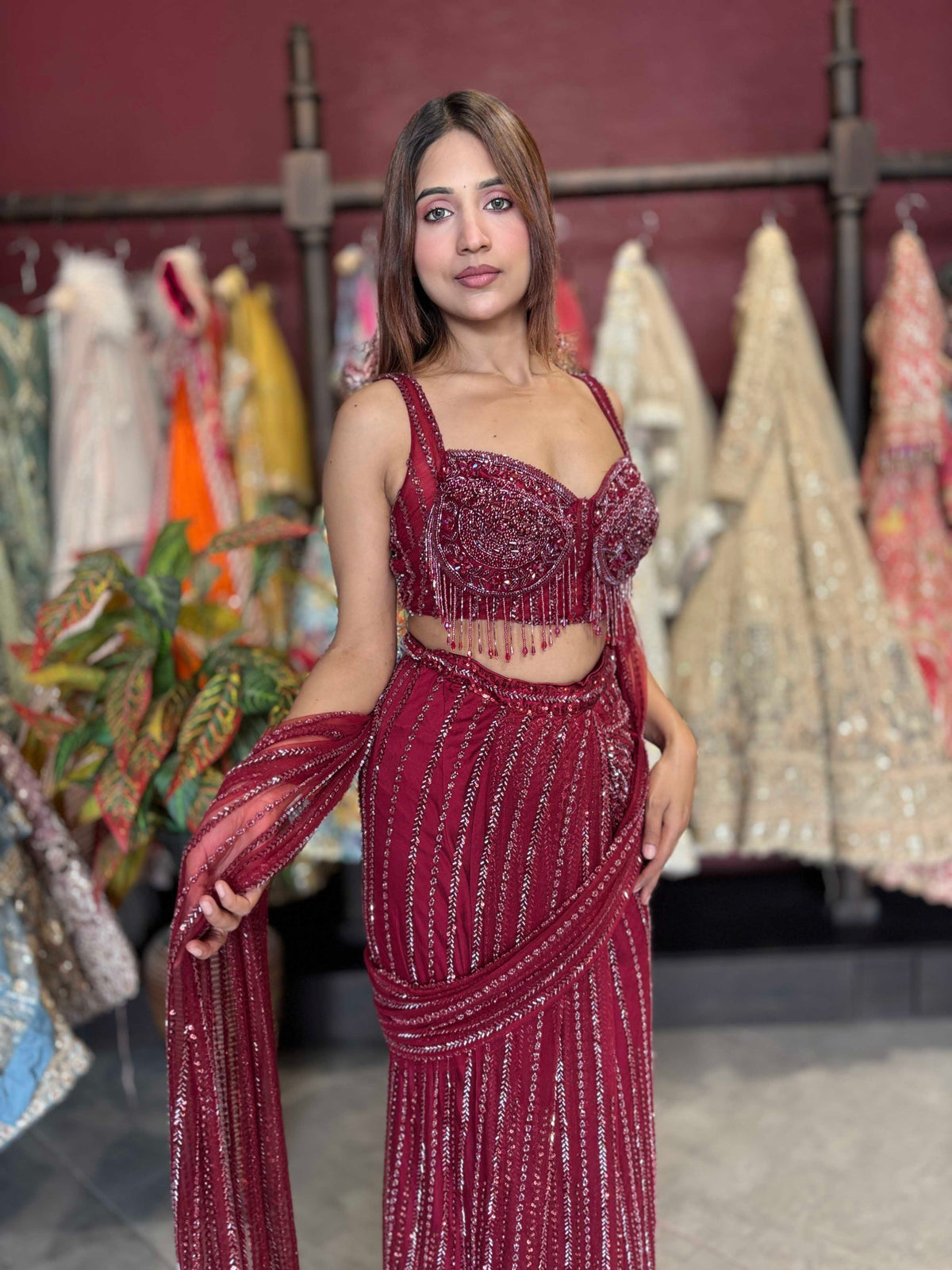 Wine Sequin Draped Saree with Embellished Corset Blouse