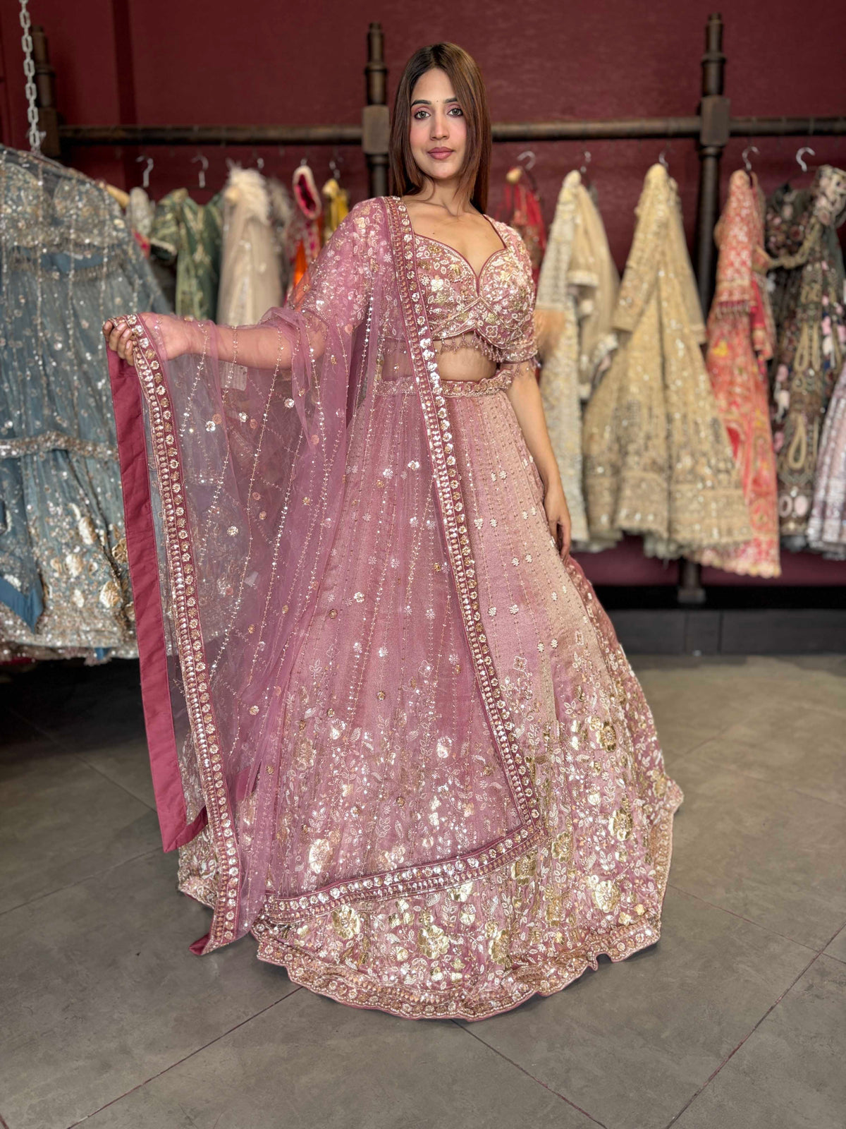 Dusty Rose Heavy Embroidered Designer Lehenga with Dupatta