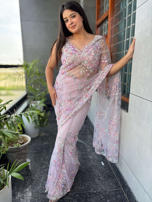 Pink Net Saree with Sequin & Floral Embroidered Designer Blouse