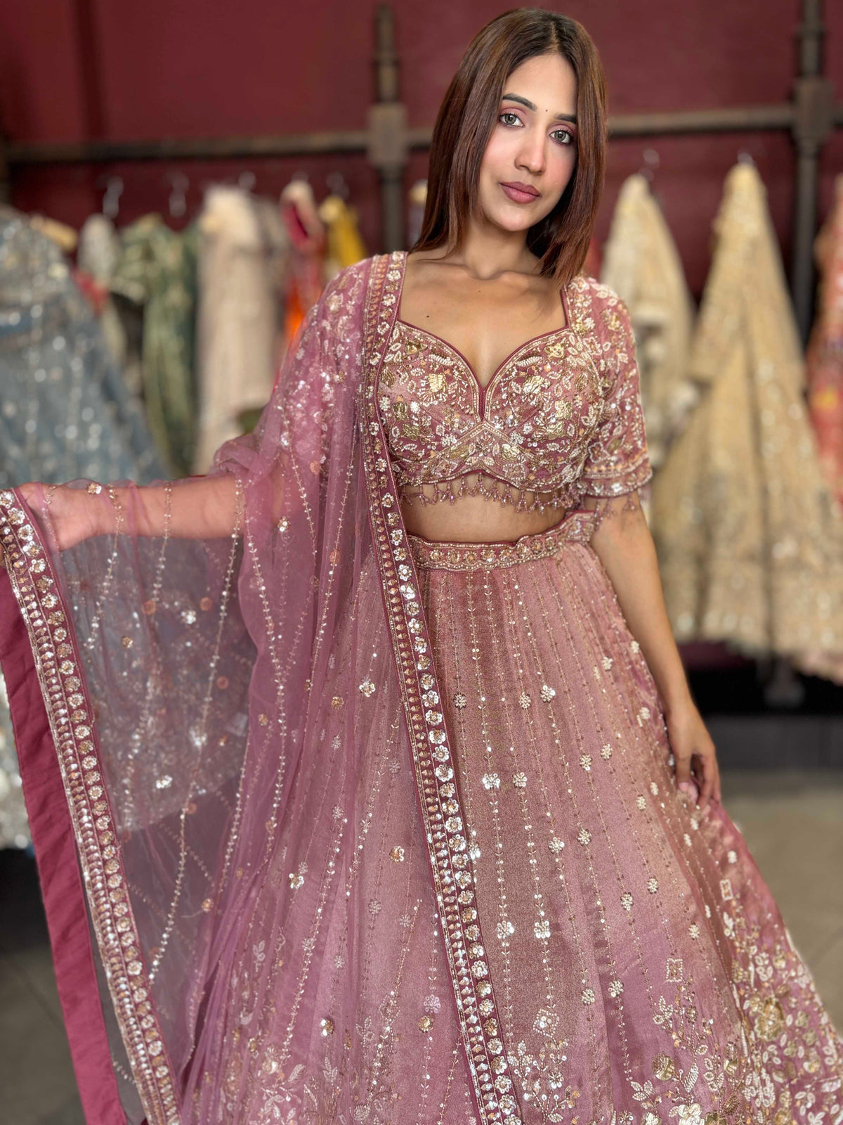 Dusty Rose Heavy Embroidered Designer Lehenga with Dupatta