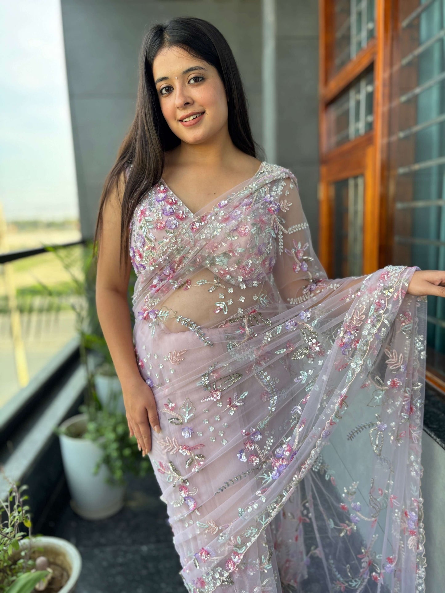 Pink Net Saree with Sequin & Floral Embroidered Designer Blouse