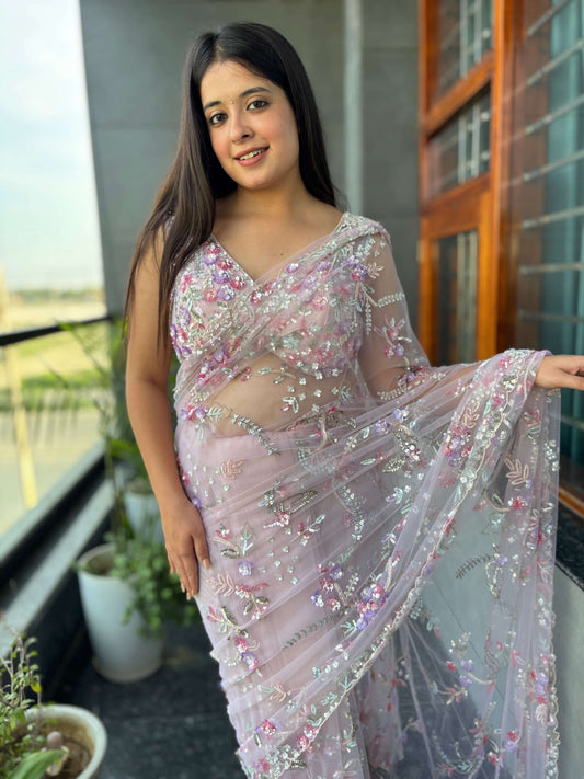 Pink Net Saree with Sequin & Floral Embroidered Designer Blouse