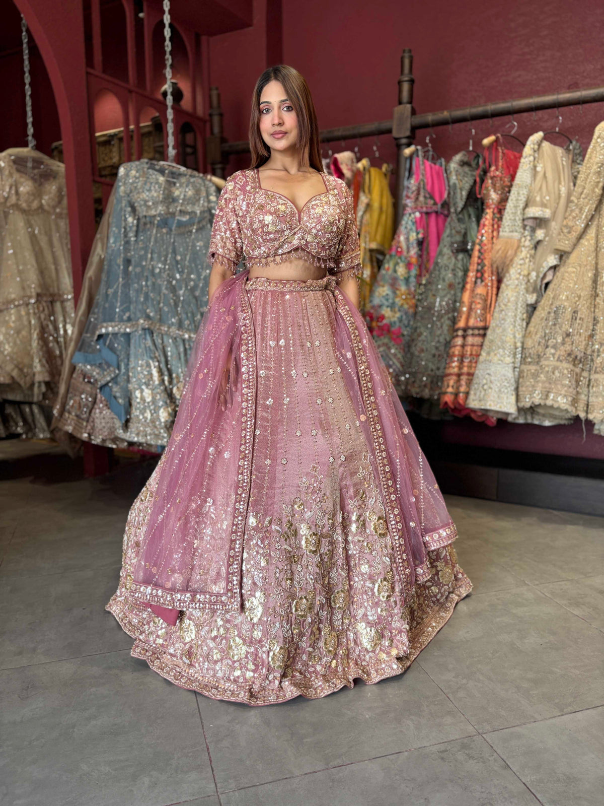 Dusty Rose Heavy Embroidered Designer Lehenga with Dupatta