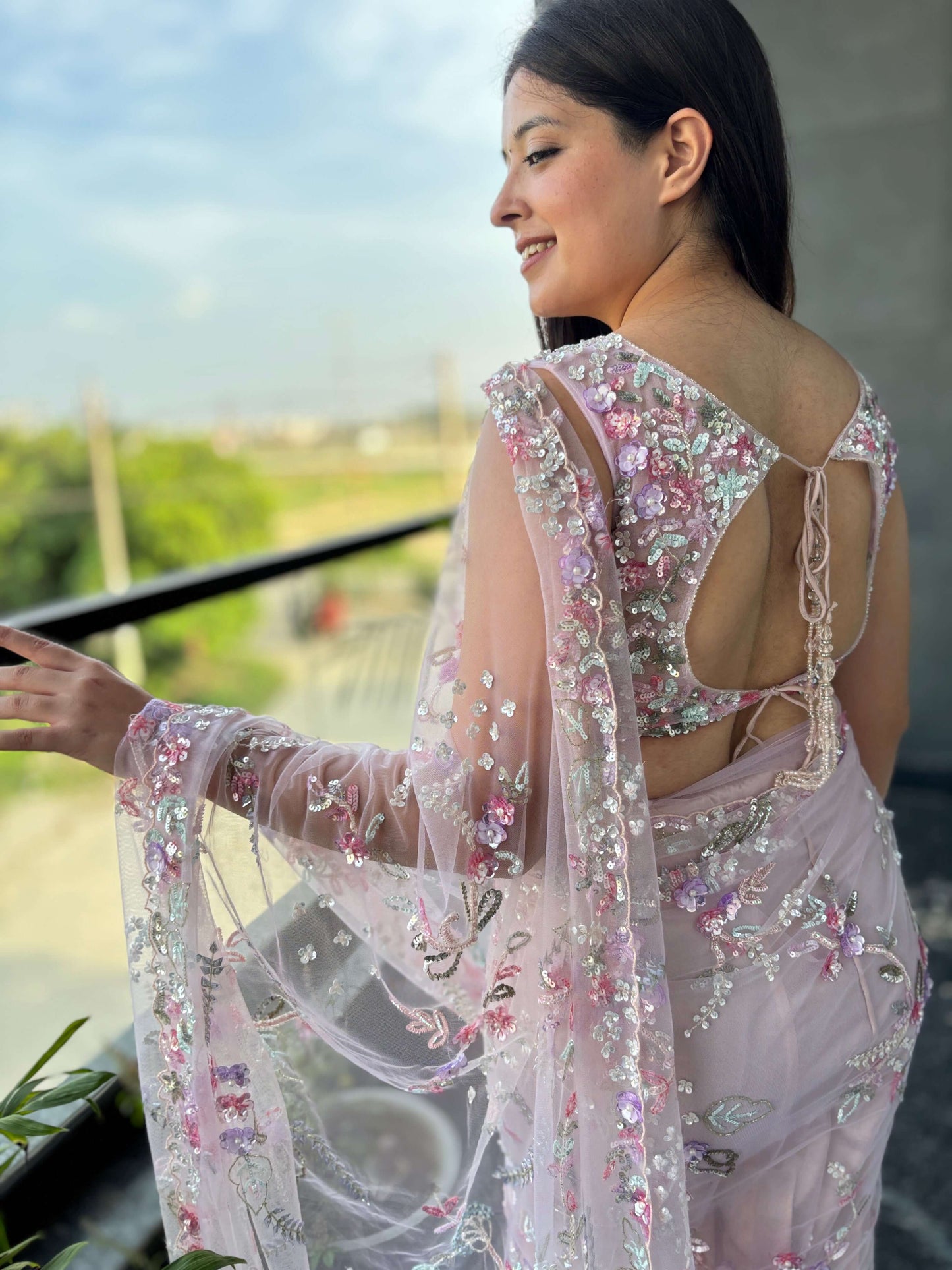 Pink Net Saree with Sequin & Floral Embroidered Designer Blouse