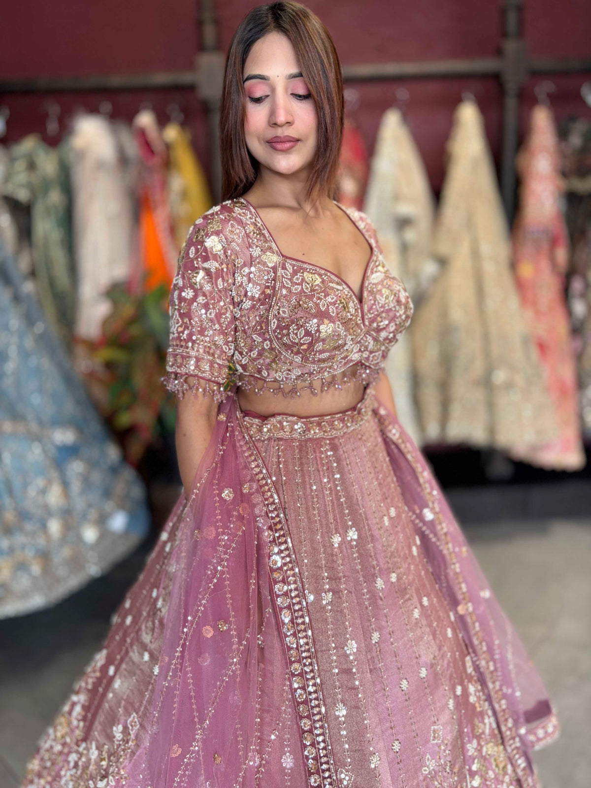 Dusty Rose Heavy Embroidered Designer Lehenga with Dupatta