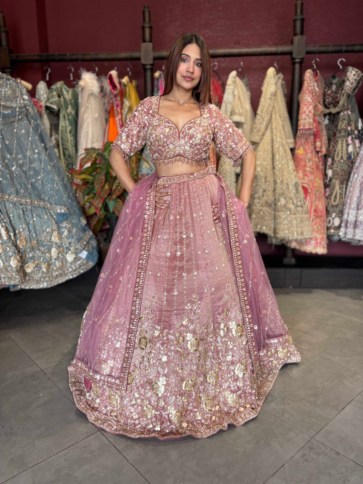 Dusty Rose Heavy Embroidered Designer Lehenga with Dupatta