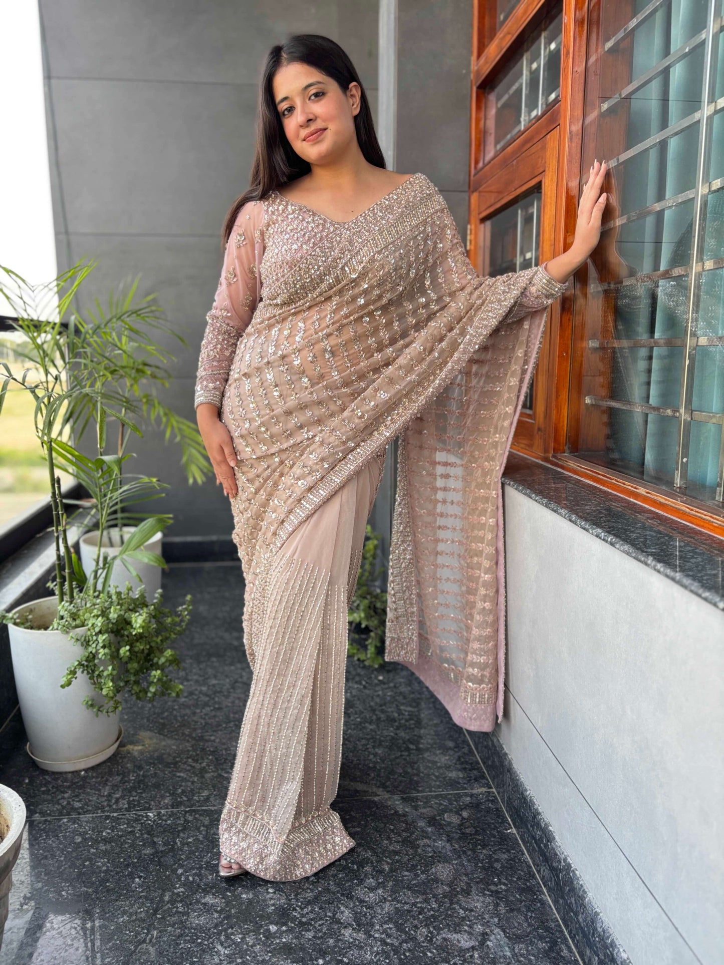 Sequin Embroidered Net Saree With Heavy Designer Blouse