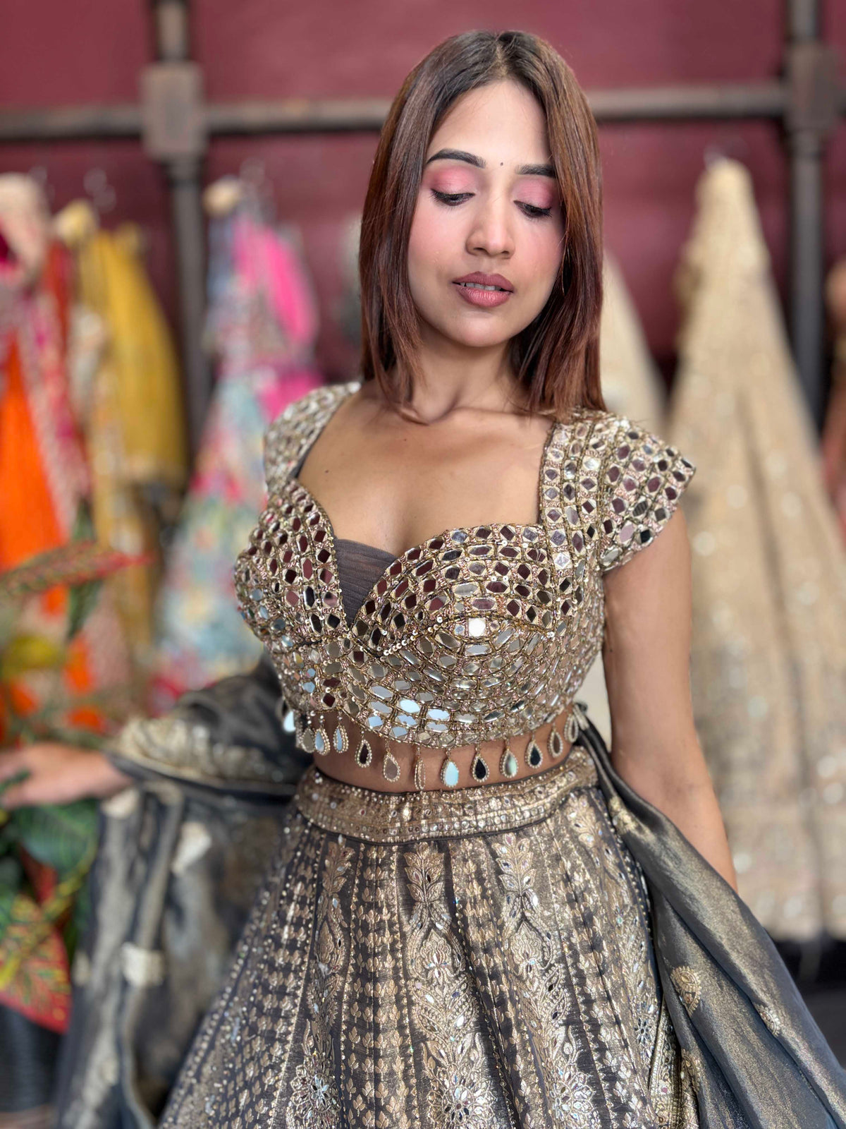Silver Grey Heavy Mirror Work Non Bridal Lehenga with Dupatta