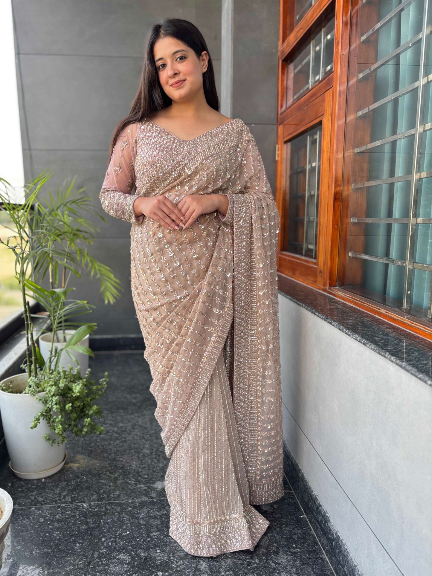 Sequin Embroidered Net Saree With Heavy Designer Blouse