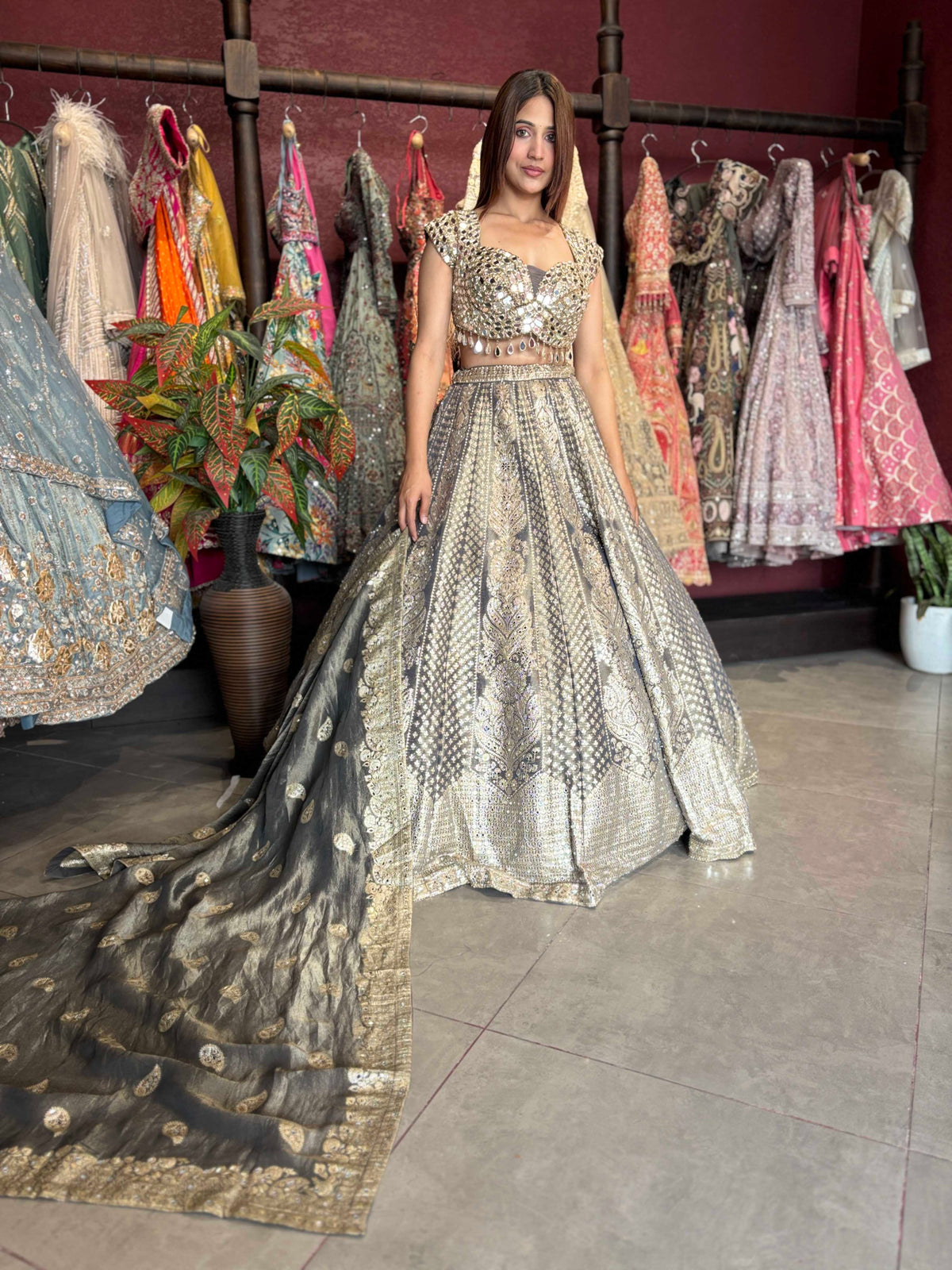Silver Grey Heavy Mirror Work Non Bridal Lehenga with Dupatta