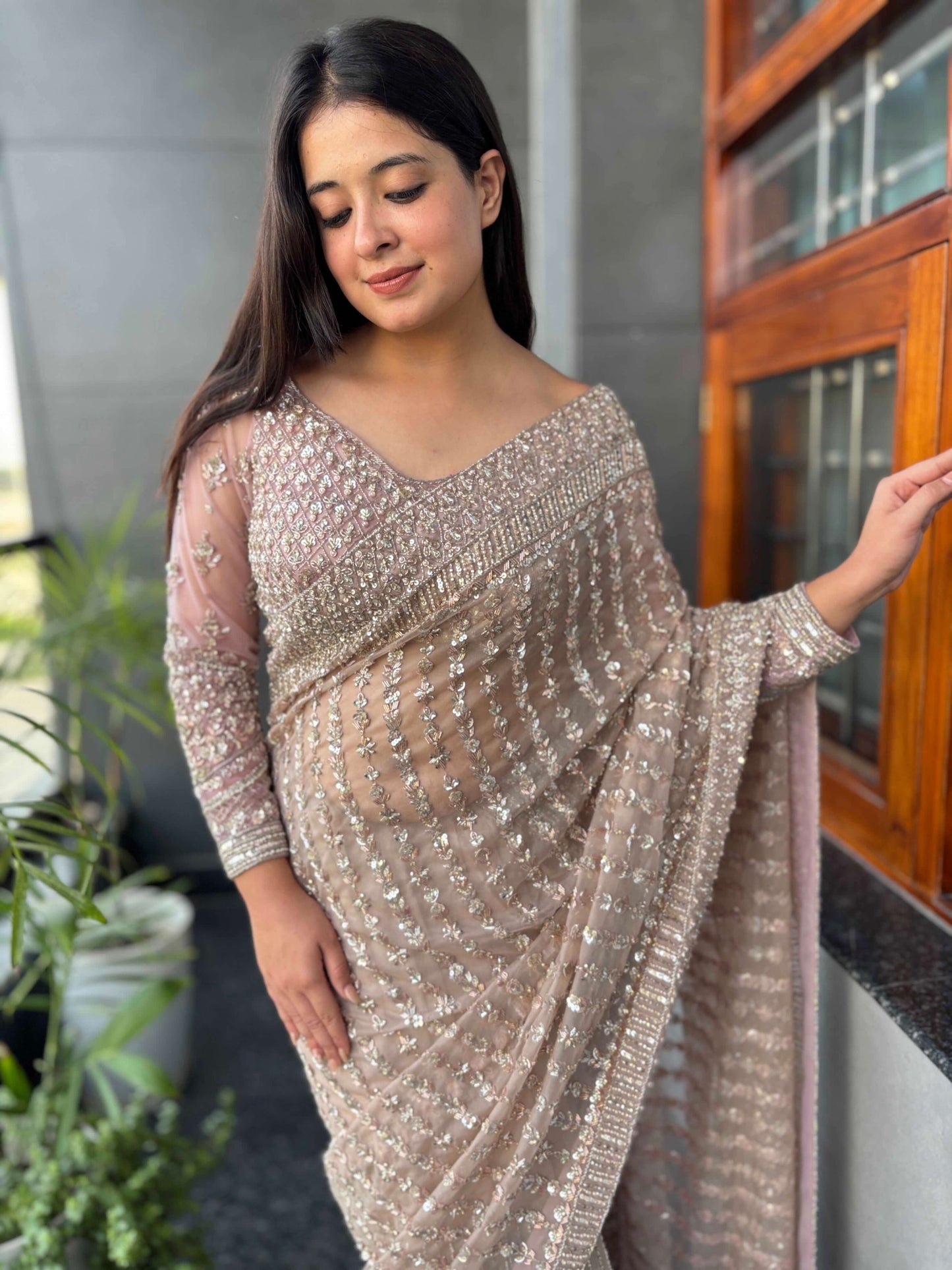 Sequin Embroidered Net Saree With Heavy Designer Blouse