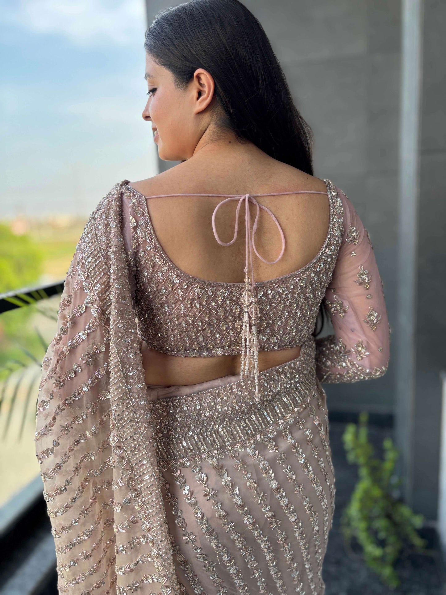 Sequin Embroidered Net Saree With Heavy Designer Blouse