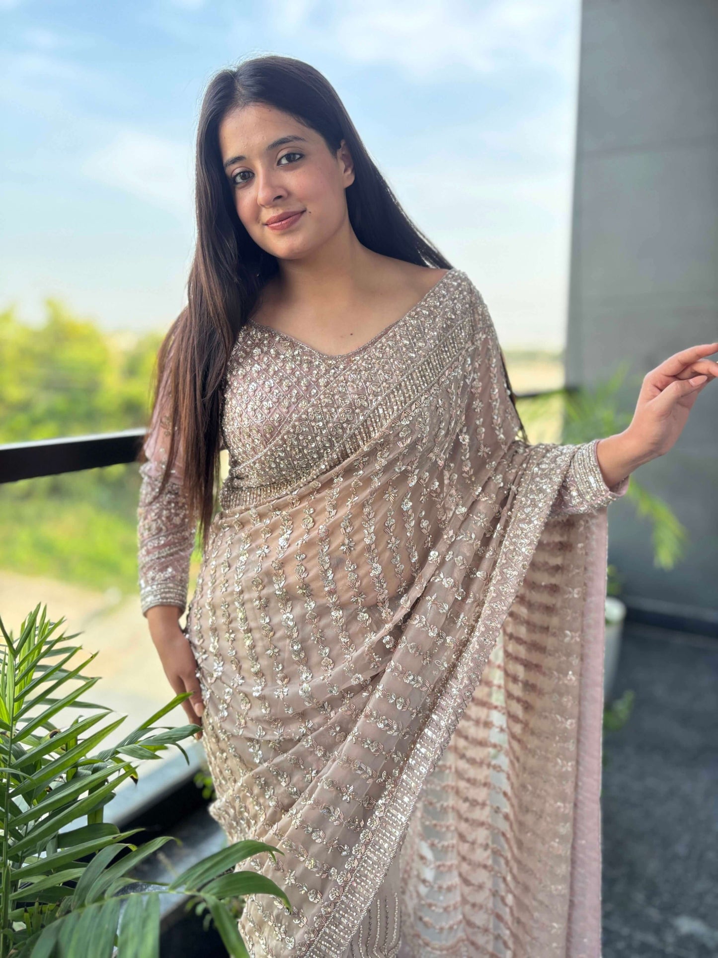 Sequin Embroidered Net Saree With Heavy Designer Blouse